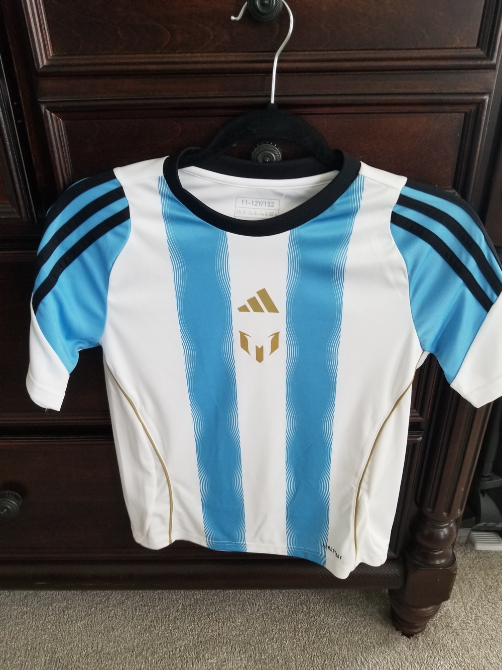 Adidas Kids Messi White & Light Blue Short Sleeve Soccer Shirt with Gold Logos